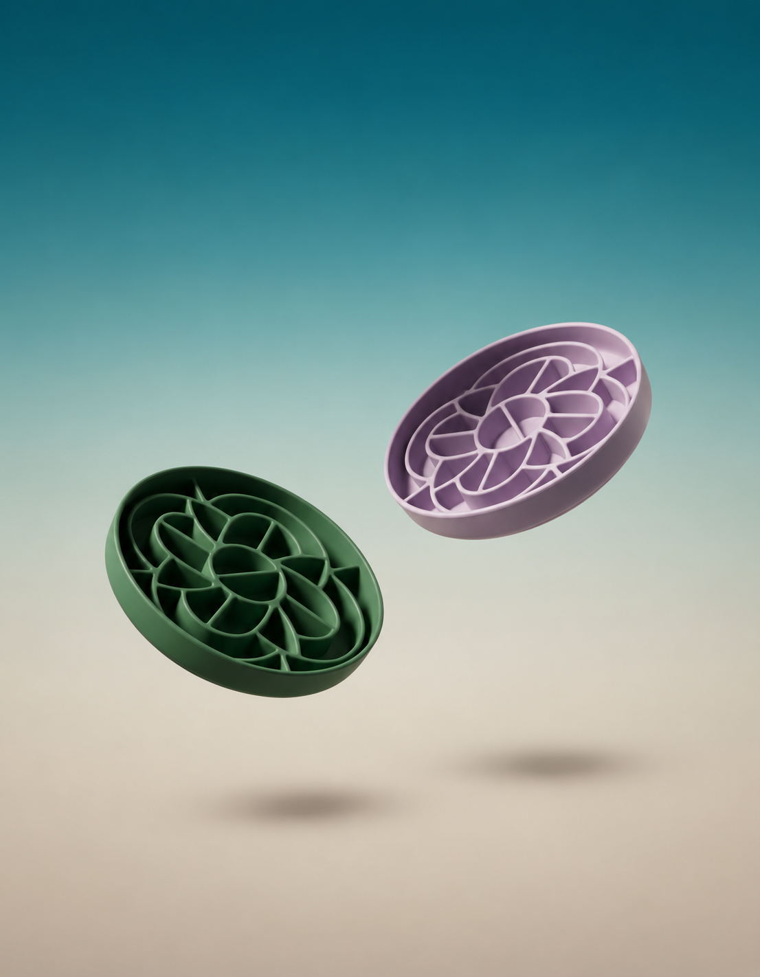 Hunter Green and Lilac silicone slow feeder dog bowls with mooncake-inspired interiors