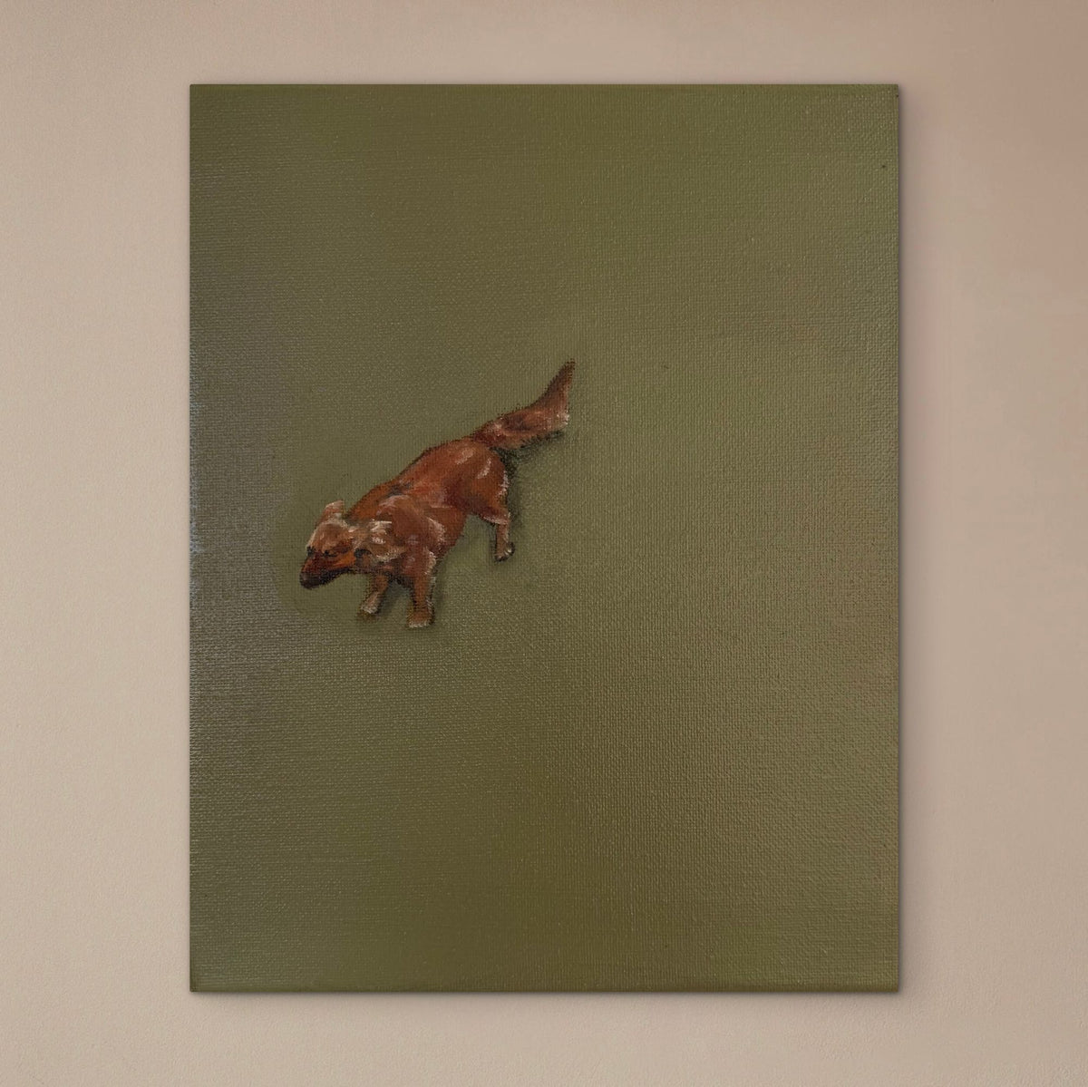 Commissioned oil portrait of a small red dog on an olive-green canvas